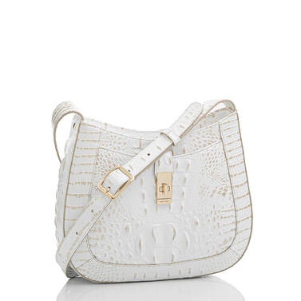 Brahmin White Croc-Embossed Leather Saddle Crossbody with Gold Hardware